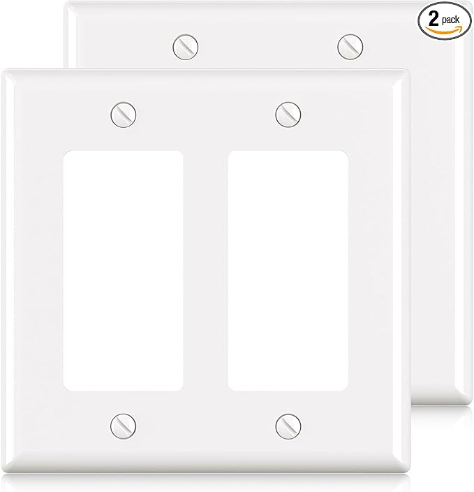 ELEGRP 2-Gang Decorative Wall Plates 2 Pack, Standard Size 4.53" H x 4.57" L Unbreakable Thermoplastic Faceplate Cover for Decorator Receptacle Outlet Switch, UL Listed (Glossy White)