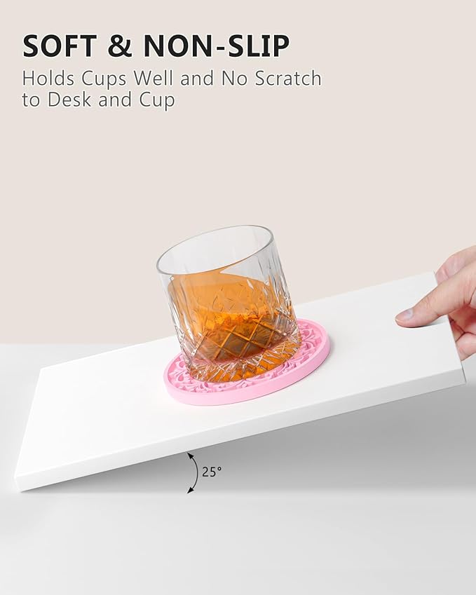 Drink Coasters, Coasters Set of 6 for Cup with Holder, Non-Slip Silicone Cup Mats for Hot and Cold Drinks, Cute Absorbent Coffee Bar Accessories Table Decor, Pink