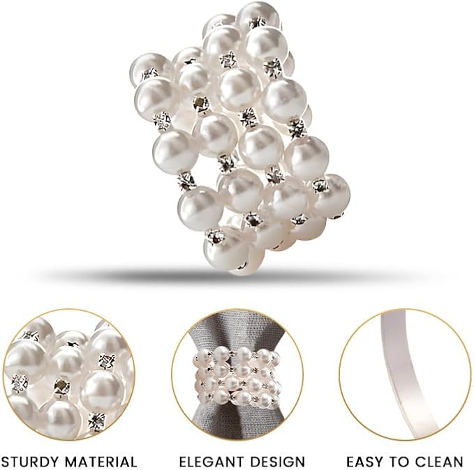 Decozen Set of 4 White Napkin Rings with Pearl Design, Festive, Table Decor Setting for Holiday, Wedding, Birthday, Kitchen, Home Decor, Housewarming Gift - Mothers Day Decorations