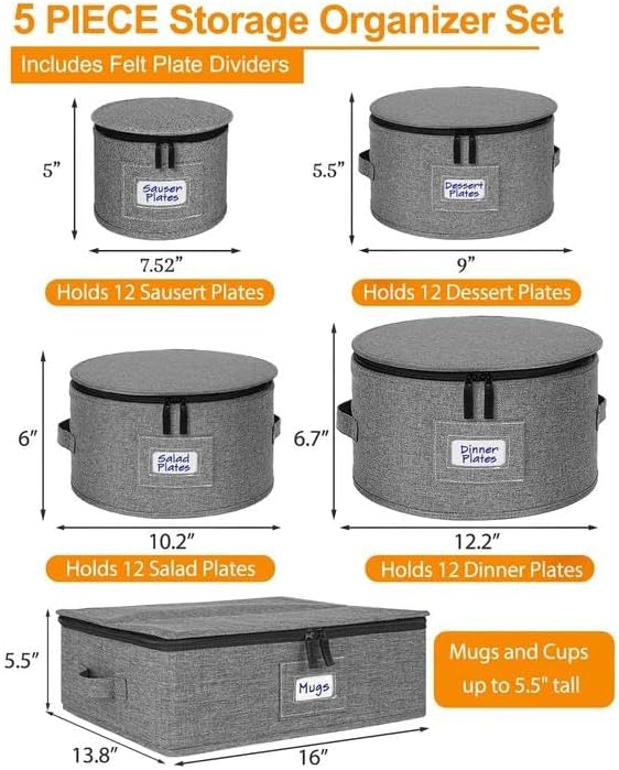 punemi China Storage Containers 5-Piece Set w/Hard Shell Sides & Bottom, Quilted Stackable Plate & Dish Storage Protectors, Adjustable Mug and Cup Storage Organizer for Moving and Dinnerware storage