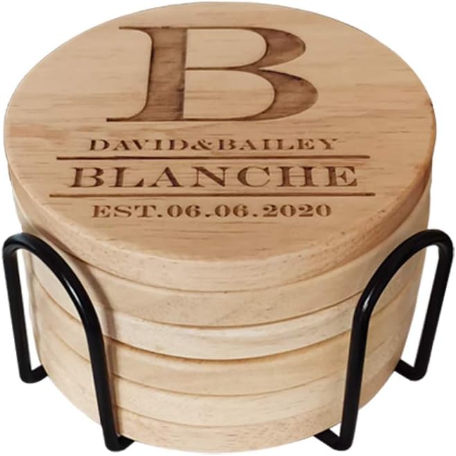 Personalized Monogram Coasters, Custom Engraved - Wooden Drink Coasters, Great Gifts (Set of 6)