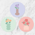 FLT Silicone Colorful Coaster Set of 3, Non-Slip Drink Mat, Cute and Unique Printed Design (Made in Korea) (Pastel - Vase)