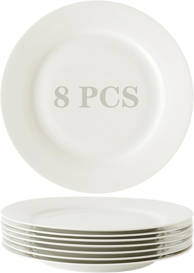 TAMAYKIM 10.5 Inch Porcelain Salad Dinner Plates 8 Pieces, Wide Rim Round Pasta Plates, Large Serving Dinnerware Sets, Scratch Resistant, Microwave, Oven, and Dishwasher Safe, White