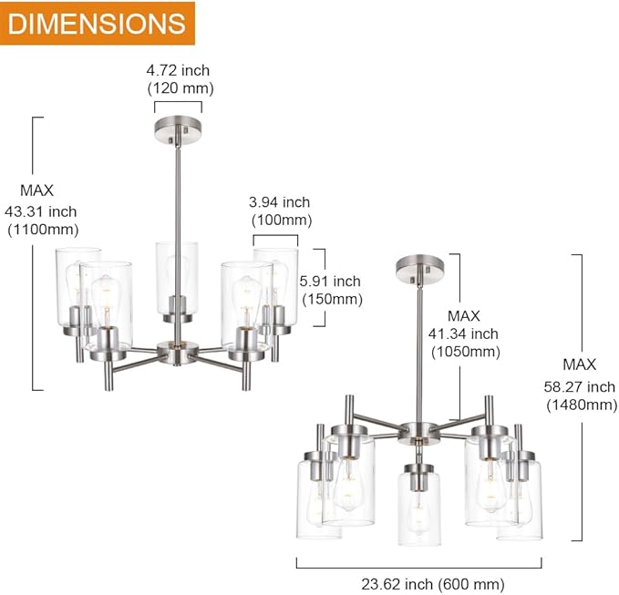 VINLUZ Contemporary 5 Light Large Chandeliers Modern Clear Glass Shades Pendant Lighting Brushed Polished Nickel Dining Room Lighting Fixtures Hanging Adjustable Wire Semi Flush Ceiling Lights