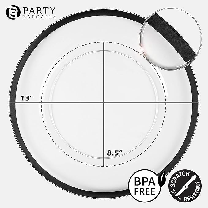 PARTY BARGAINS 13-Inch Charger Plates - 16 Pack, Clear Black Rim, Heavy-Duty Disposable Chargers for Elegant Dining - Ideal for Weddings and Formal Events