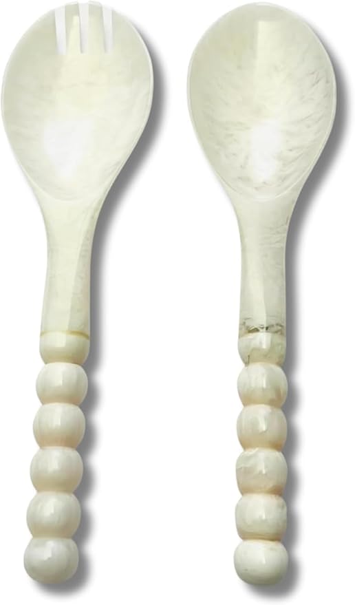SS CRAFTS INDIA Premium 11" Pearl White Beaded Resin Salad Servers | Set of 2 by SSCraftsIndia