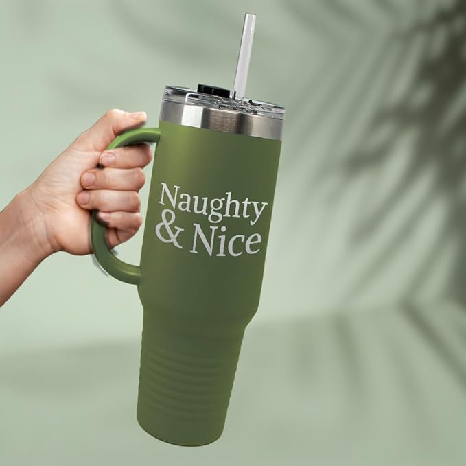 Speedy Pros Tumbler Cups with Straw Naughty & Nice Christmas Xmas Coffee Tumbler with Lid Personalized Insulated Travel Mugs Engraved Stainless-Steel 20 Oz Forest Green Design Only