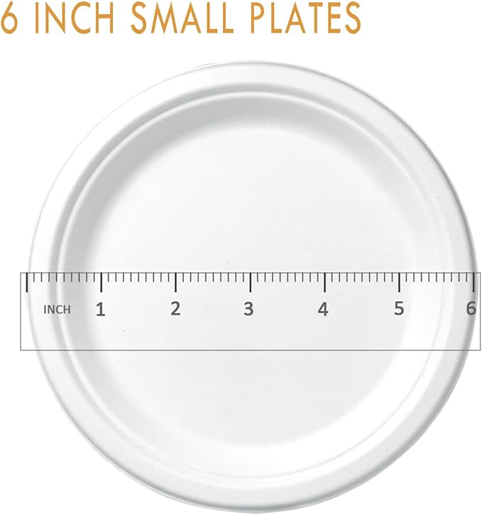 200 Count 6 Inch Small Heavy Duty Compostable Dessert Plates, Biodegradable Bagasse and Bamboo Fiber Paper Plate
