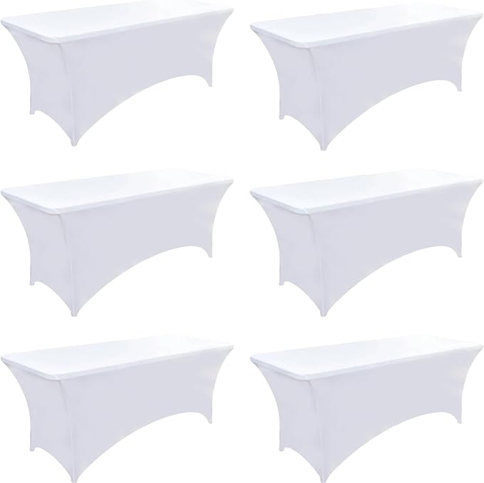 6-Pack 8ft White Spandex Table Covers for Rectangle Folding Tables - Washable Elastic Tablecloth - Ultimate Fitted Table Protector for Birthday Parties, Trade Shows, Banquet
