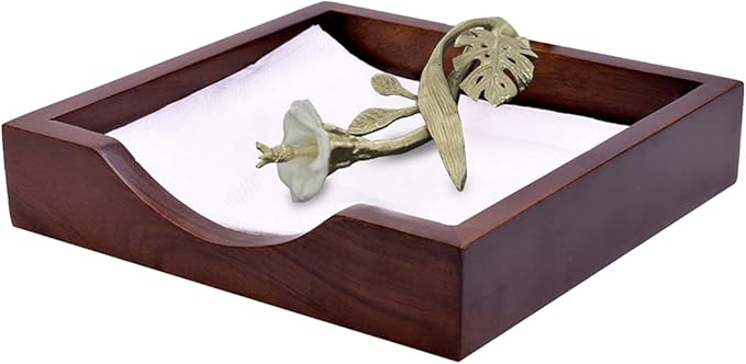 Napkin Holder - Solid Wood Brown Finish Home Decor & Kitchen Decor Table Countertop Serviette & Tissue Holder with Metal Ornament Arm in Silver Gold Finish - Indoor and Outdoor Use - Floral Design