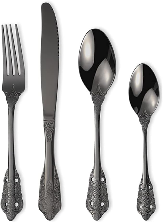 Vintage Black Silverware Flatware Set for 10, European Classic Style 40 Pieces Stainless Steel Tableware Cutlery Set,Fine Kitchen Utensils for Wedding Restaurant Hotel Christmas