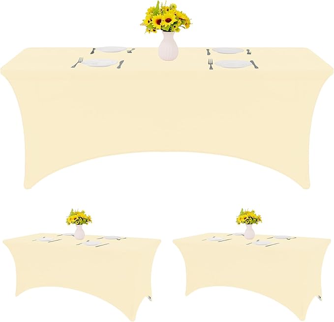 HAISIWLKJ 3 Pack Table Cloth 6ft Beige Tablecloths for Rectangle Folding Table Spandex Fitted Stretch Table Cover Wrinkle Resistant Washable Table Protector for Party, Wedding, Banquet, Festival.
