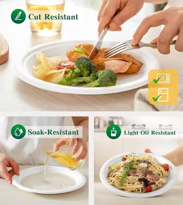 9-Inch Compostable Paper Plates – Heavy-Duty Disposable Bagasse (Sugarcane Fiber) Plates, Eco-Friendly Biodegradable Dinnerware, Microwave-Safe & Leak-Proof (150-Pack)