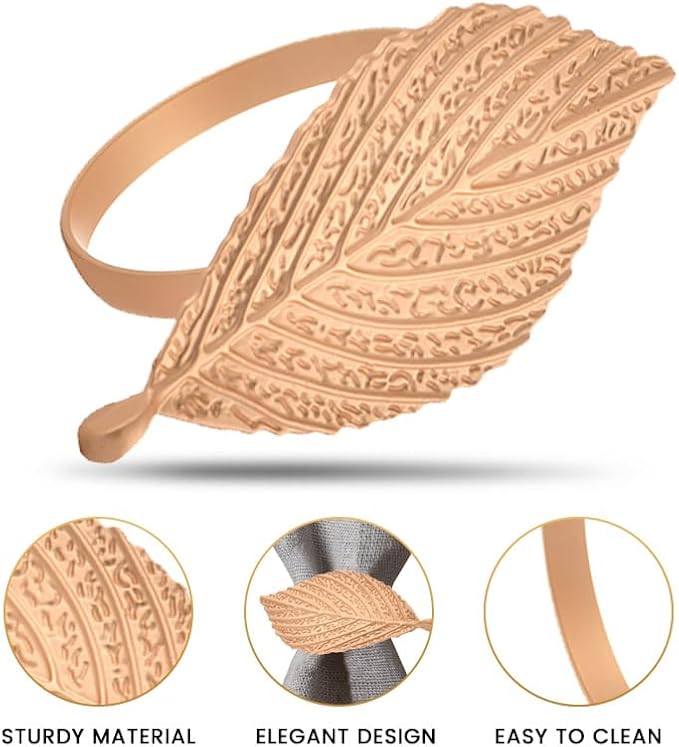 Decozen Set of 8 Gold Napkin Rings in Leaf Design, Festive, Table Decor Setting for Holiday, Wedding, Birthday, Kitchen, Home Decor, Housewarming Gift - Mothers Day Decorations