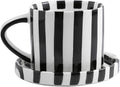 Cup and Saucer Set Hand-Painted Black Stripes, 8 Oz Ceramic Coffee Mug by Unknown
