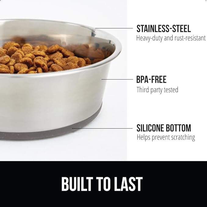 GORILLA GRIP Dog Bowls, Holds 4 Cups Each (32 fl oz), Heavy Duty Stainless Steel Food and Water Bowl for Feeding Dogs and Cats, Dishwasher Safe, Rust Resistant, BPA Free Rubber Base, Set of 2 Gray