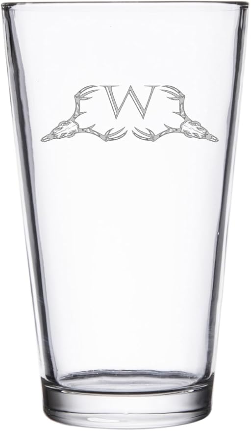 Hat Shark Deer Skull Letter Monogram Pint Beer Glass, 16 oz, Clear, A-Z Initials (1, Letter W)