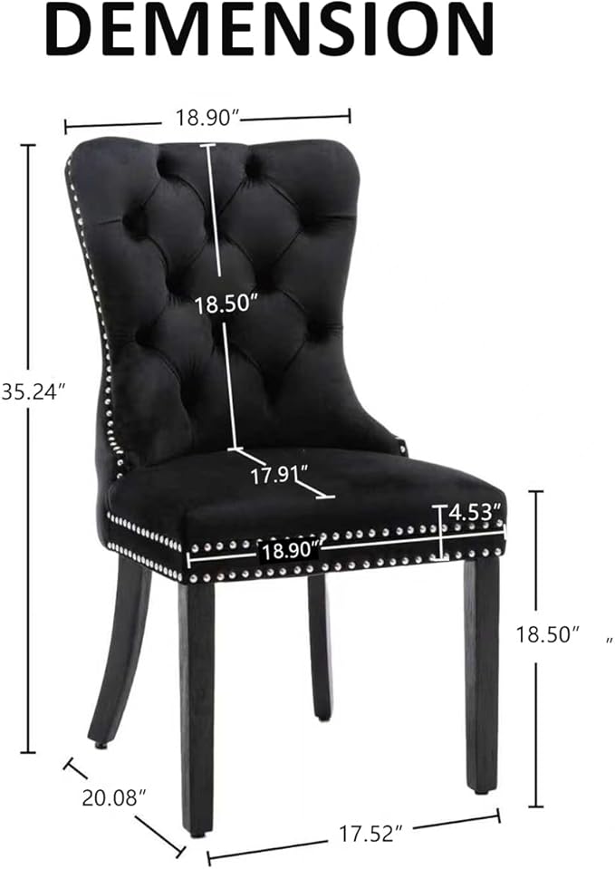 KCC Velvet Dining Chairs Set of 4, Upholstered High-end Tufted Dining Room Chair with Nailhead Back Ring Pull Trim Solid Wood Legs, Nikki Collection Modern Style for Kitchen, Black
