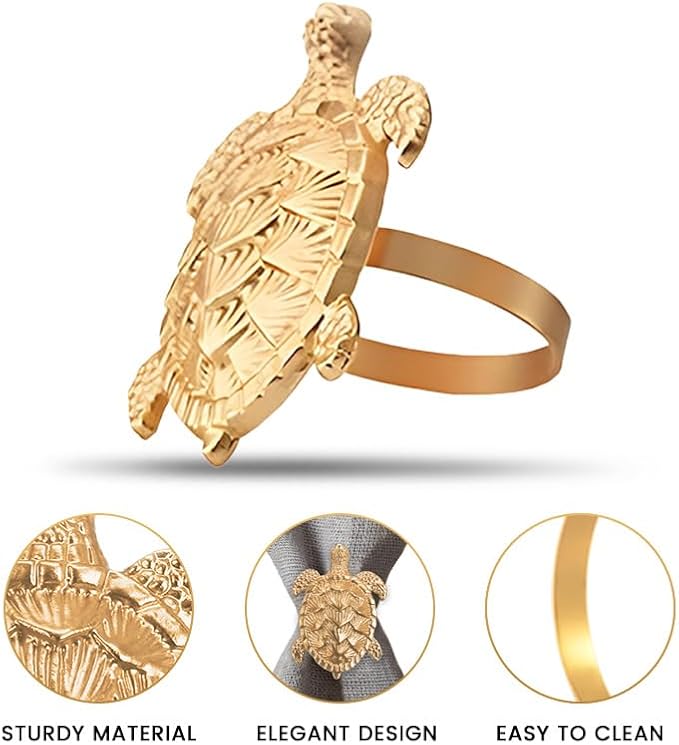 Decozen Set of 16 Gold Napkin Rings in Turtle Design Festive Table Decor Setting for Holiday Wedding, Birthday, Kitchen, Home Decor Housewarming Gift - Mothers Day Decorations