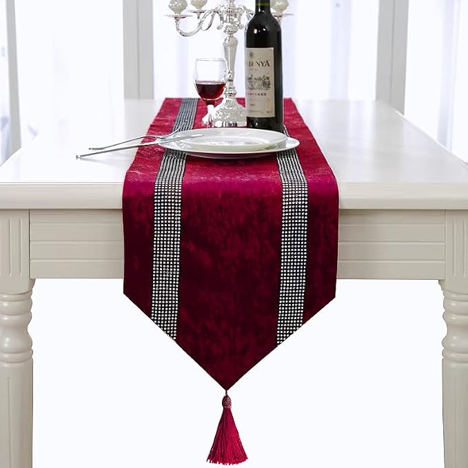 Glam Burgundy Table Runner, Bling Sequin Rhinestone, Ombre Velvet, Double-Layer - Image 4