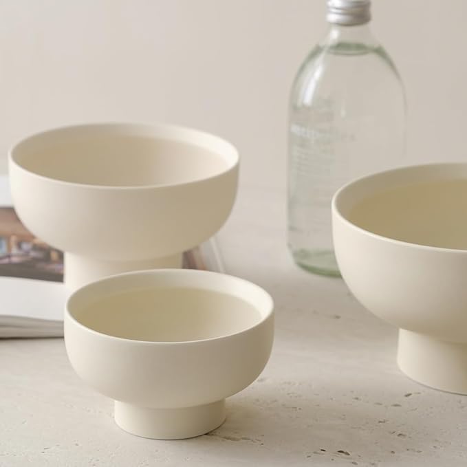 WENSHUO High-foot Deep Fruit Bowl, Ceramic Pedestal Decorative Bowl, Round Bowl for Salad, Small Size (Matte Crème, 6.7")