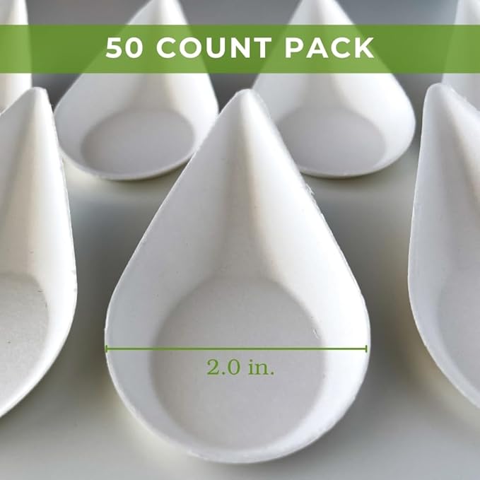 50 Pack Tiny Sugarcane Tear Spoon White Mini Eco-Friendly Tear Drop Serving Tray Disposable Plates Mini Appetizer Plates Sustainable Eco-Friendly Catering Supplies for Weddings CMJJ