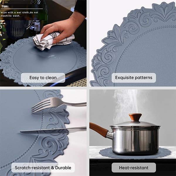 Noctiflorous Round Faux Leather 15 Inch Placemats Set of 4 Waterproof Wipeable Heat Resistant Tablemat for Dining Table Kitchen Non Slip Washable Oilproof Table Place Mat for Indoor Outdoor(Blue, 4)