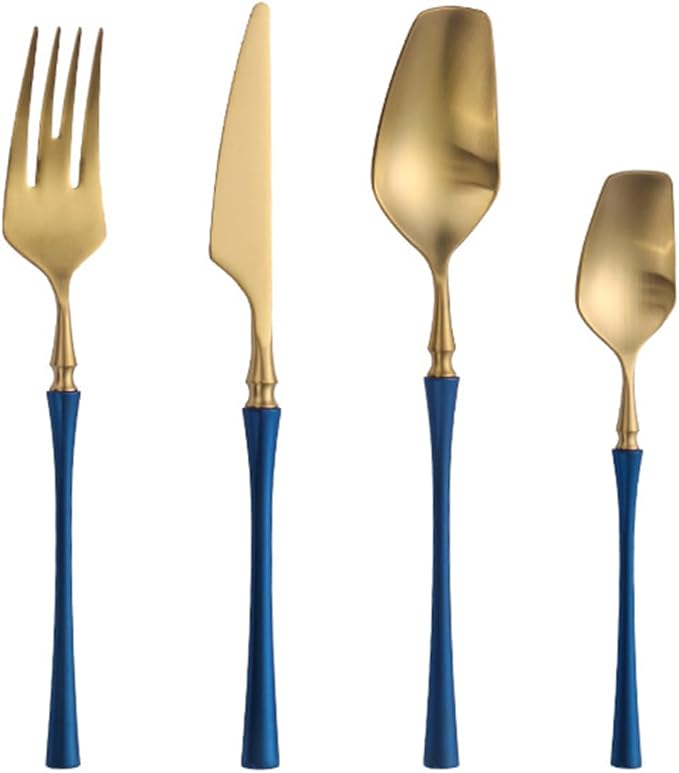40 Piece Gold Silverware Set for 10，Durable 18/8 Stainless Steel Flatware Set Slim Waist Blue Handle Cutlery Set Utensils Include Spoons Knifes Forks Kitchen Wedding Restaurant