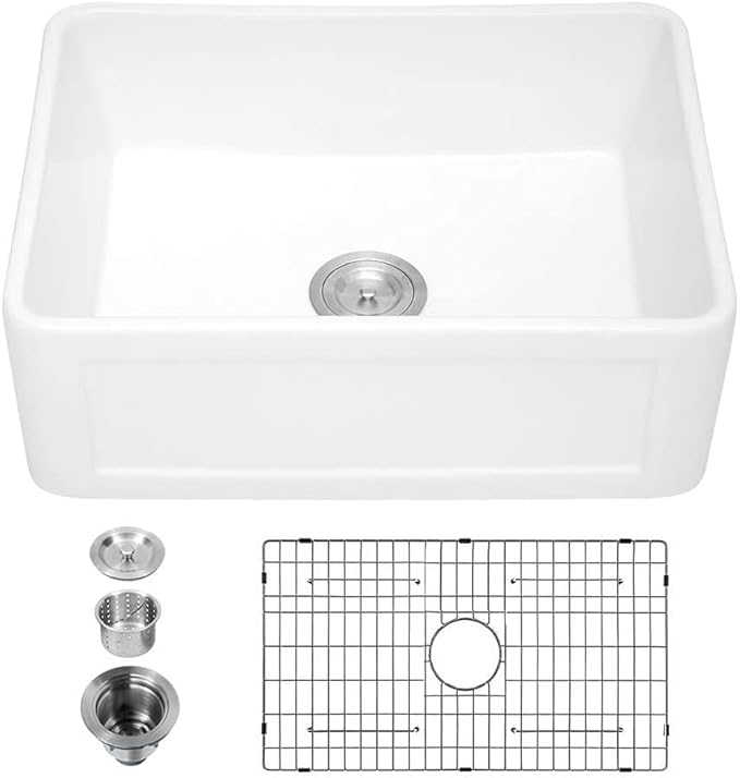 Sarlai White Farm Sink - 24 x 18 Inch Farmhouse Sink White Apron Front Ceramic Porcelain Fireclay Reversible Single Bowl Farm Farmer Sinks Laundry Utility Sinks Basin