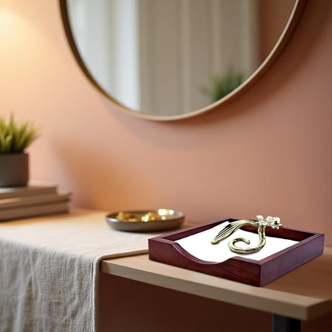 Napkin Holder - Solid Wood Brown Finish Home Decor & Kitchen Decor Table Countertop Serviette & Tissue Holder with Metal Ornament Arm in Silver Gold Finish - Indoor and Outdoor Use - Dragonfly Design