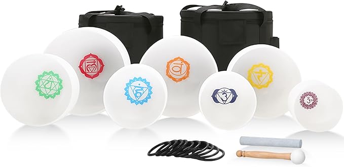 432HZ 6-12 Inch 7 Pcs Chakra Design Frosted Crystal Singing Bowl Set for Meditation Healing Yoga Chakra Quartz Crystal Sound Bowls with Heavy Duty Carry Cases and Rubber Mallet,Suede Striker,O-rings