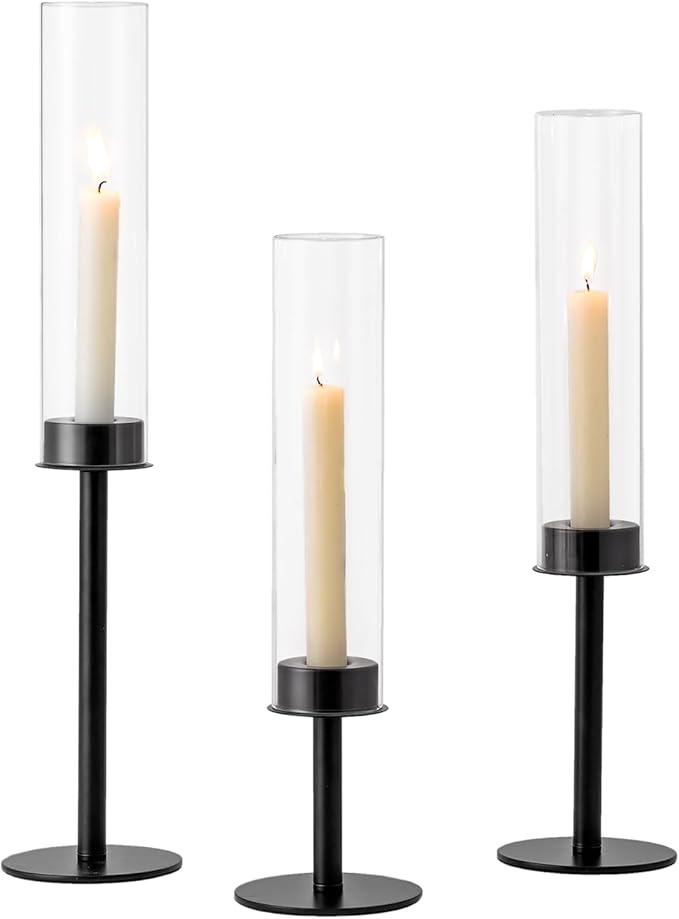 Hewory Black Candlestick Holders Hurricane Candle Holder, 3Pcs Candle Stick Candle Holder Candelabra, Taper Candle Holders with Glass Candle Cover for Wedding Table Centerpiece Christmas Decor