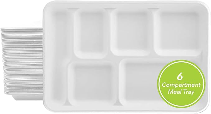 three leaf 6 COMPARTMENT BAGASSE TRAY 400 Ct. Heavy-Duty- Super Strong- Natural- Eco-Friendly Disposable Bagasse Plates, 100% Biodegradable 6 Compartment meal Plates