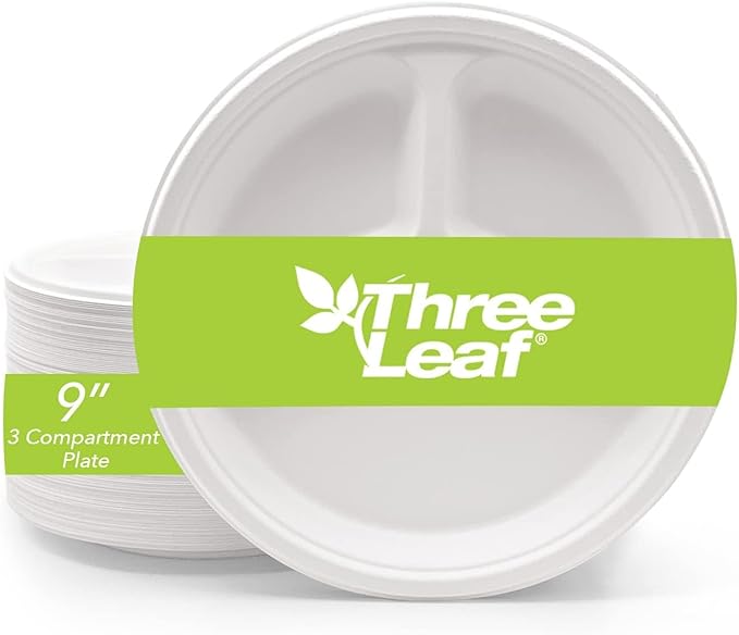 three leaf 9" 3 COMPARTMENT BAGASSE ROUND PLATE, 9,000 Ct. (18 cases x 500 plates) Heavy-Duty- Super Strong- Natural- Eco-Friendly Disposable Bagasse Plates.