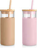 Tronco 20 oz Glass Tumbler with Lid and Straw, Iced Coffee Cup and Smoothie Cup with Bamboo Lids & Protective Silicone Sleeve, Dishwasher Safe, BPA-Free, Glass Cup 2 Pack