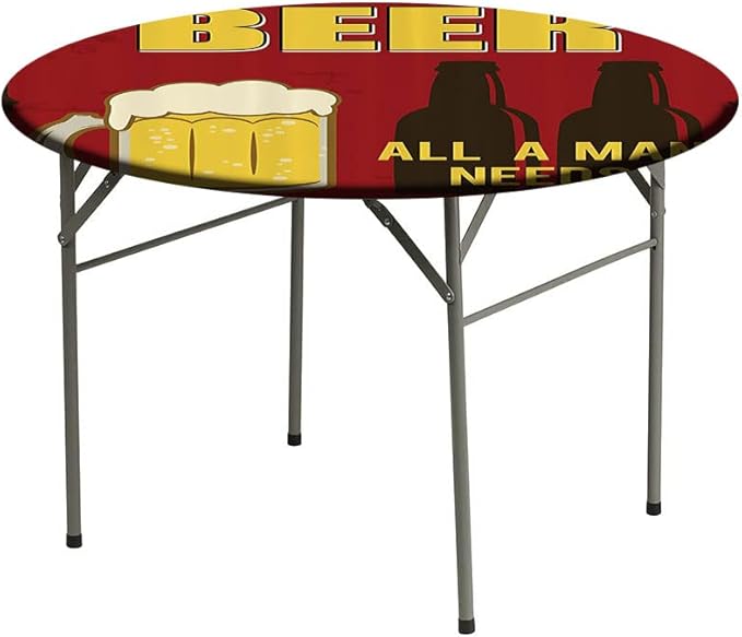 Round Tablecloth, Manly Decor Tablecloth for Side Table, Beer Mug and Two Bottles with Quotes Beer All, Fit Round Tables 61inch Diameter, for Indoor Outdoor Fits, Yellow Burgundy