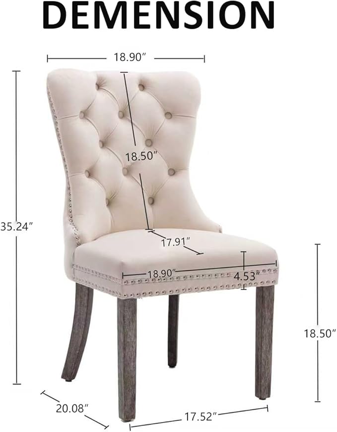 KCC Velvet Dining Chairs Set of 2, Upholstered High-end Tufted Dining Room Chair with Nailhead Back Ring Pull Trim Solid Wood Legs, Nikki Collection Modern Style for Kitchen, Beige