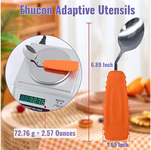 Adaptive Utensils Angled Spoon and Fork for Hand Tremors Parkinsons,Weighted Utensils with Non-Slip Easy Grip Handles for Independent Eating (1pcs Spoon+1pcs Fork=2 pcs,Orange,Left Hand)