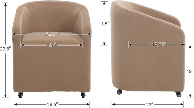 Modern Barrel Dining Chairs with Rolling Casters Set of 2, Upholstered Velvet Swivel Dining Room Chairs with Wheels for Kitchen Living Room Home Office, Khaki