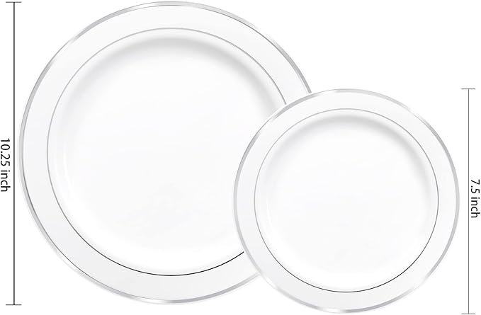 I00000 102pcs Silver Plastic Plates, Disposable Plastic Party Plates with White Silver Rim Fancy Wedding Party Plates Include 51 Dinner Plates 10.25" and 51 Dessert Appetizer Plates 7.5"