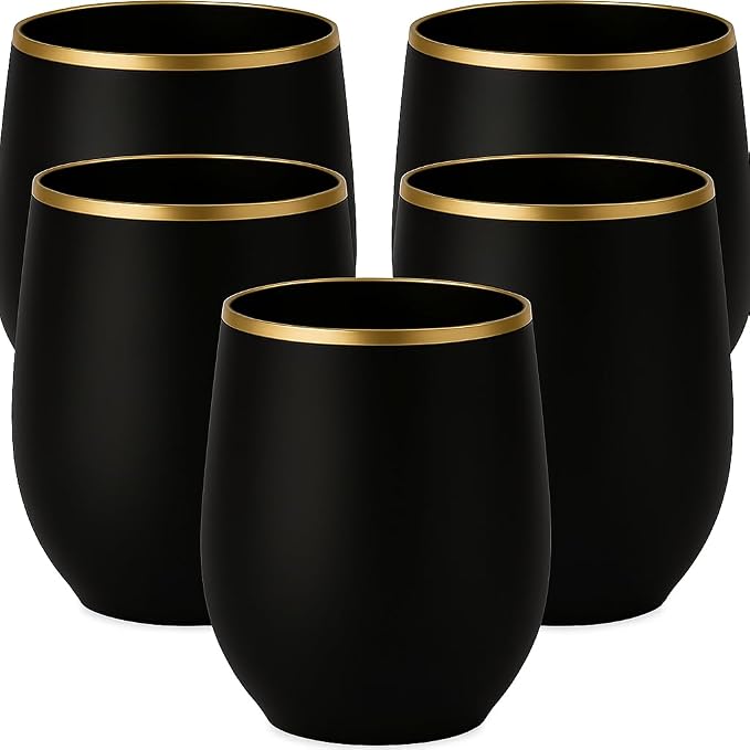 40 Pack Disposable Plastic Wine Glasses 12 oz Black Gold Rim Matte Cups | by Oojami