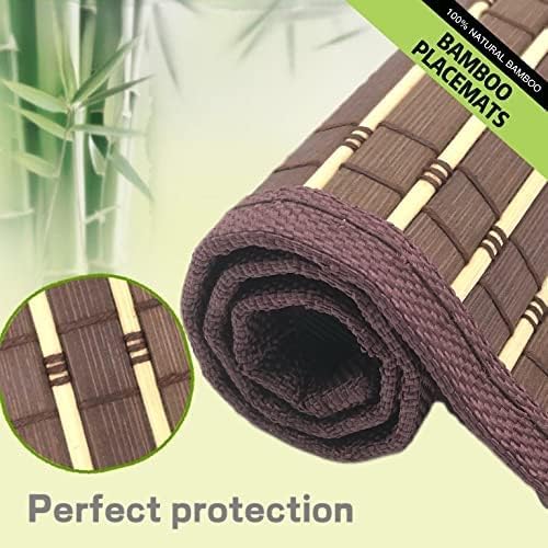 ANDSTAR Set of 8 Pcs Bamboo Placemats with Fabric Border Sushi Rolling Mat Japanese Style Natural Anti-Slip Bamboo Placemats Washable Heat-Resistant Table Mats for Dining Room and Kitchen（Brown）