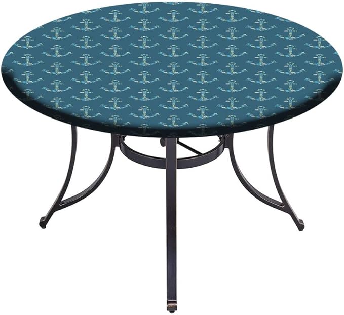 Round Vinyl Fitted Tablecloth, Nautical Print Polyester Table Cloth, Anchors Maritime Theme Decor, Fit Round Tables 48inch Diameter, for Dinner Kitchen Party Decoration, Petrol Blue Beige