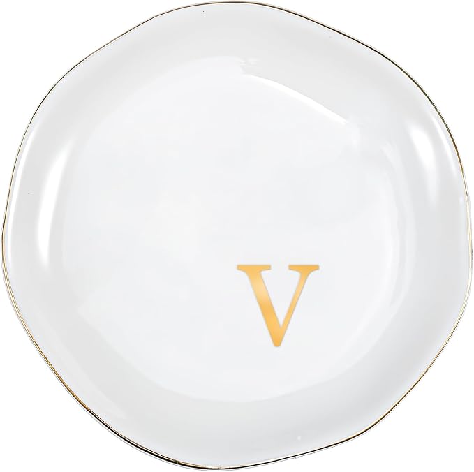 ProCase Ceramic Jewelry Tray, Initial Ring Dish Trinket Plate Engagement Gift, Small Personalized Monogram Ring Bowl for Wedding, White Decorative Jewelry Holder for Women Vanity -LetterV