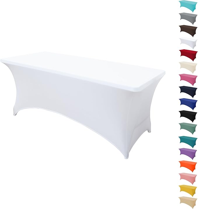 4FT Table Cloth for Rectangular Fitted Events Stretch White Table Covers Washable Spandex Tablecloth Protector for Party, Wedding, Cocktail, Banquet, Festival