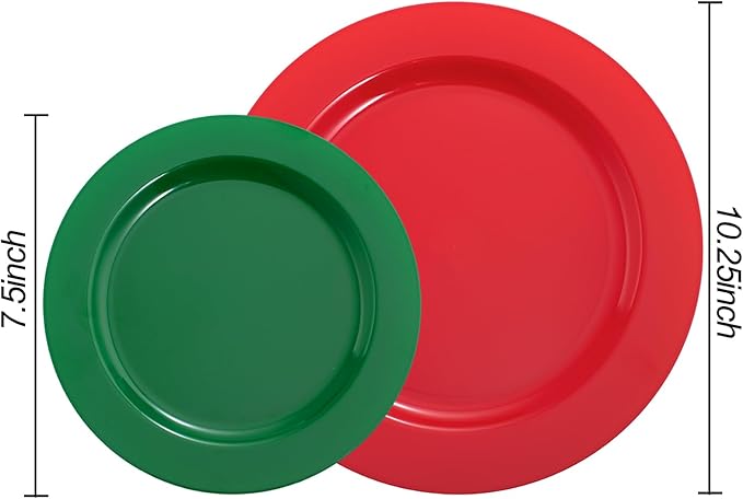 Rubtlamp 60 Pcs Plastic Christmas Plates, Heavy Duty Plastic Plates, Red Green Disposable Plate, 30 Red Dinner Plate And 30 Green Dessert Platos for Chrismas Party, Gatherings, Celebrations