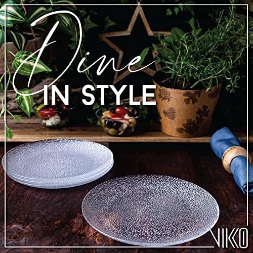 Vikko Salad Plate, Set of 4 Glass Plates, Dessert, Salad, Appetizer Plate, Elegant Textured Glass Design, Stackable 8.5 Inch Plates, Dishwasher Safe