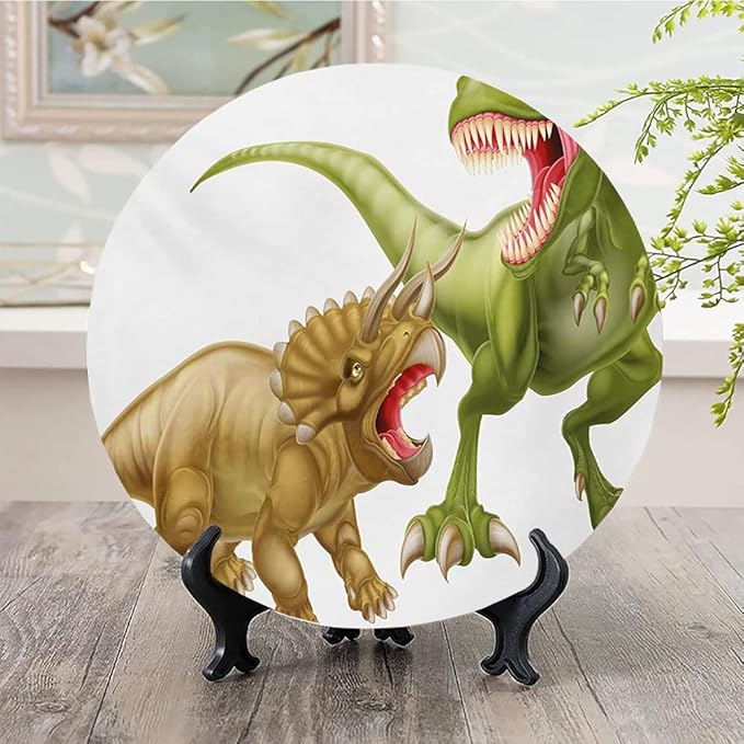 Ceramic Plates, Dinosaur Decorative Ceramic Plates, Rex Versus Triceratops Scaring Each Other, 8 Inch, for Dining, Parties, Wedding, Green Pink Pale Brown