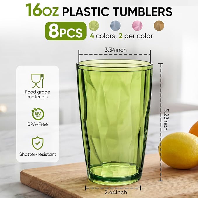 KISEER 8 Pack 16oz Plastic Colors Reusable Drinking Glasses Tumblers - Image 2