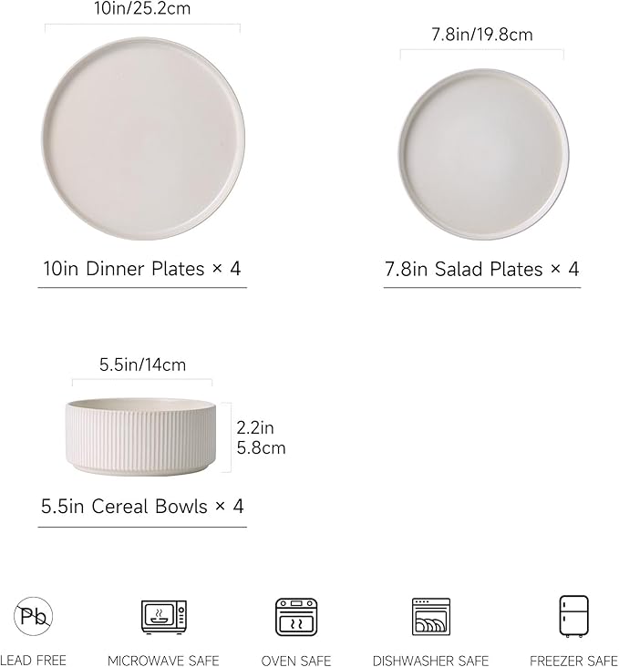 Dinnerware Set Service for 4, 12-Piece Ceramic Plates and Bowls Set, Chip & Scratch Resistant, Microwave and Dishwasher Safe, Modern Minimalist Tableware for Everyday Use, Matte White